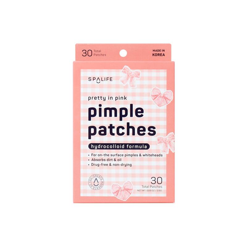 Packaging for 'Pretty in Pink Hydrocolloid Pimple Patches' with a pink checkered design and floral patterns.