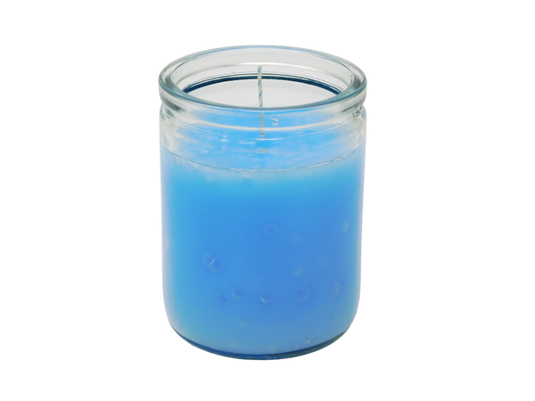 light blue candle in glass jar