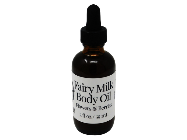 2 oz brown dropper bottle with white label that reads: Fairy Milk Body Oil. Flowers & Berries. 