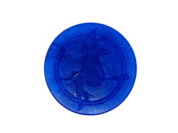 circular deep blue soap with the witch baby logo engraved on top