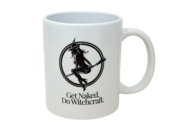 white coffee mug with Witch Baby logo that says Get Naked. Do Witchcraft.