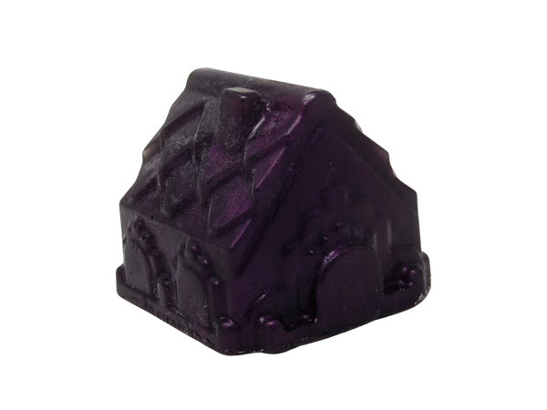 purple soap shaped like a house. White tint on the top that resembles snow.